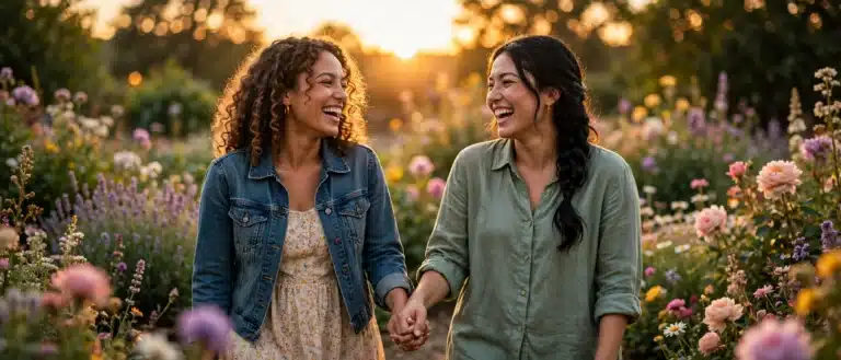 Two women holding hands laughing in flower garden at sunset, red thoughts wlw