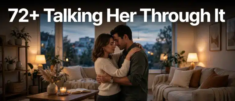 Couple slow dancing close together in softly lit living room, talking her through it
